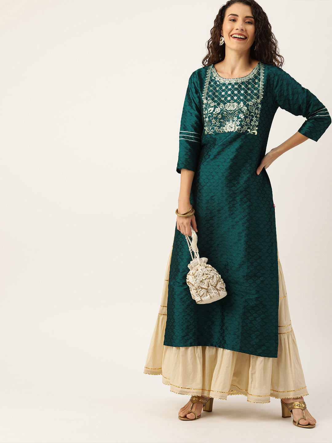 Varanga Women Green & Silver-Toned Yoke Design Straight Kurta