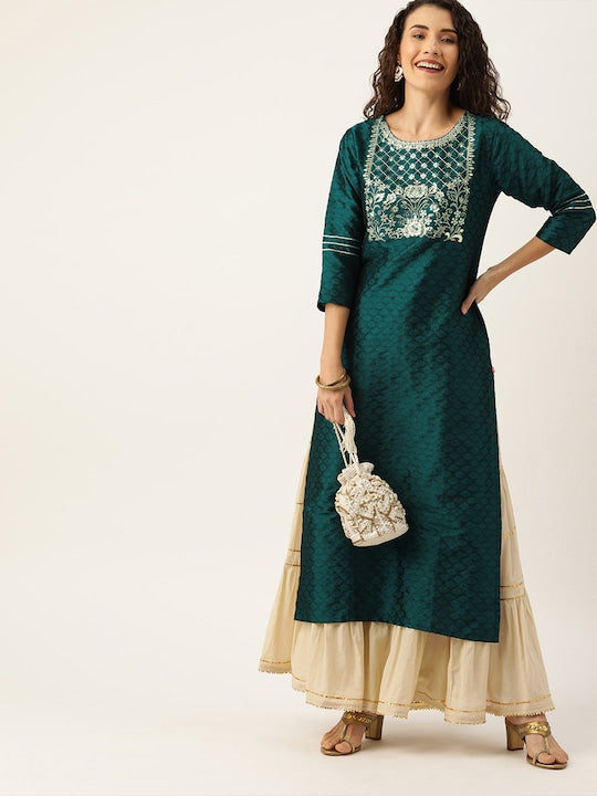 Varanga Women Green & Silver-Toned Yoke Design Straight Kurta