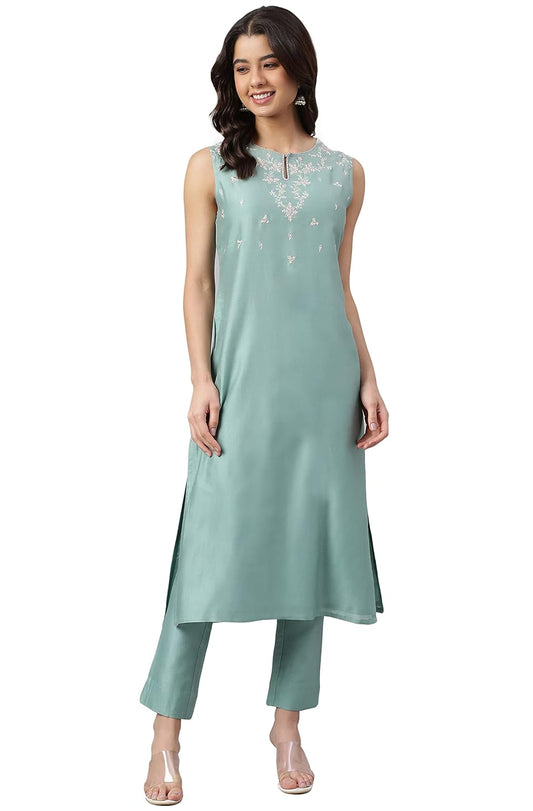 Janasya Women's Sea Green Chanderi Silk Yoke Embroidered Kurta with Pant