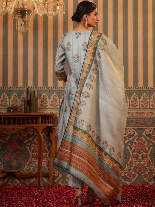 Scakhi Floral Printed Sequinned Kurta With Trousers & Dupatta