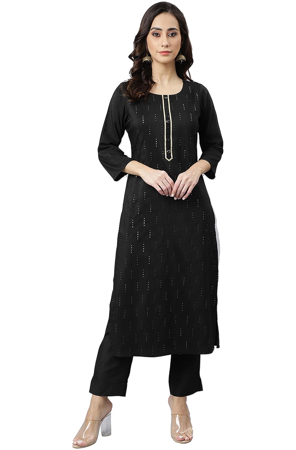 Janasya Women's Black Poly Silk Embroidered Kurta with Pant