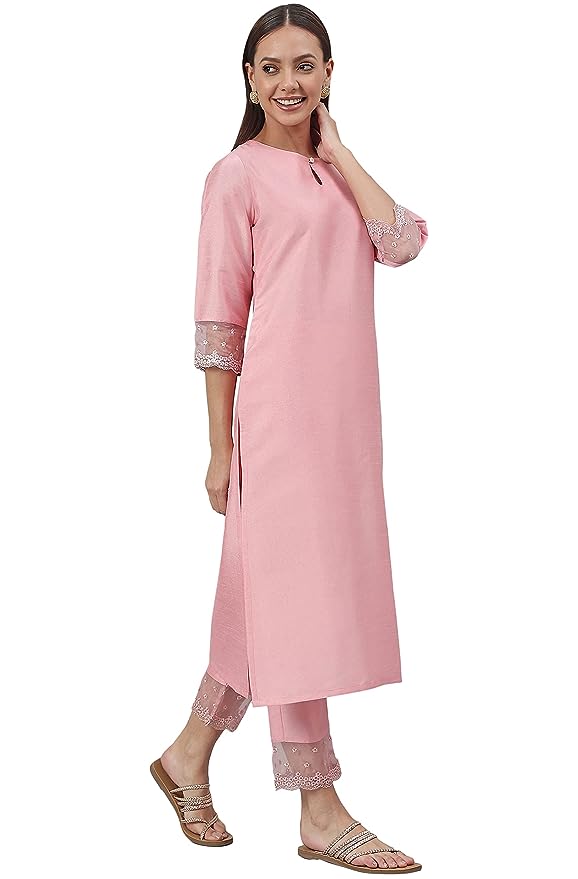 Janasya Women's Pink Poly Silk Straight Kurta with Pant