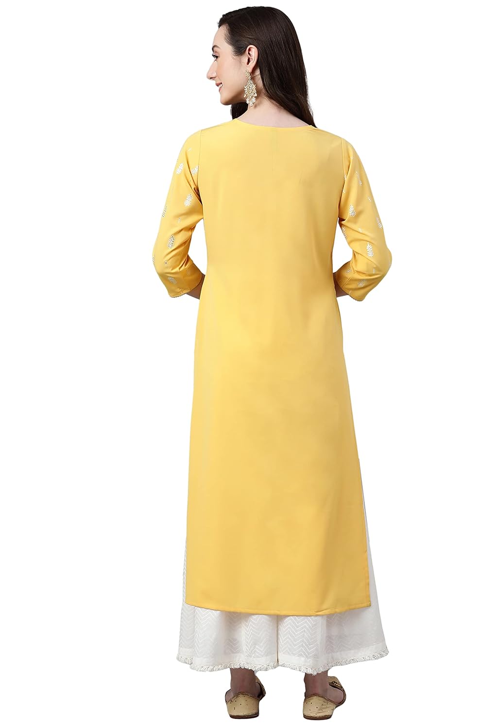 Janasya Women's Mustard Crepe Foil Print Straight Kurta