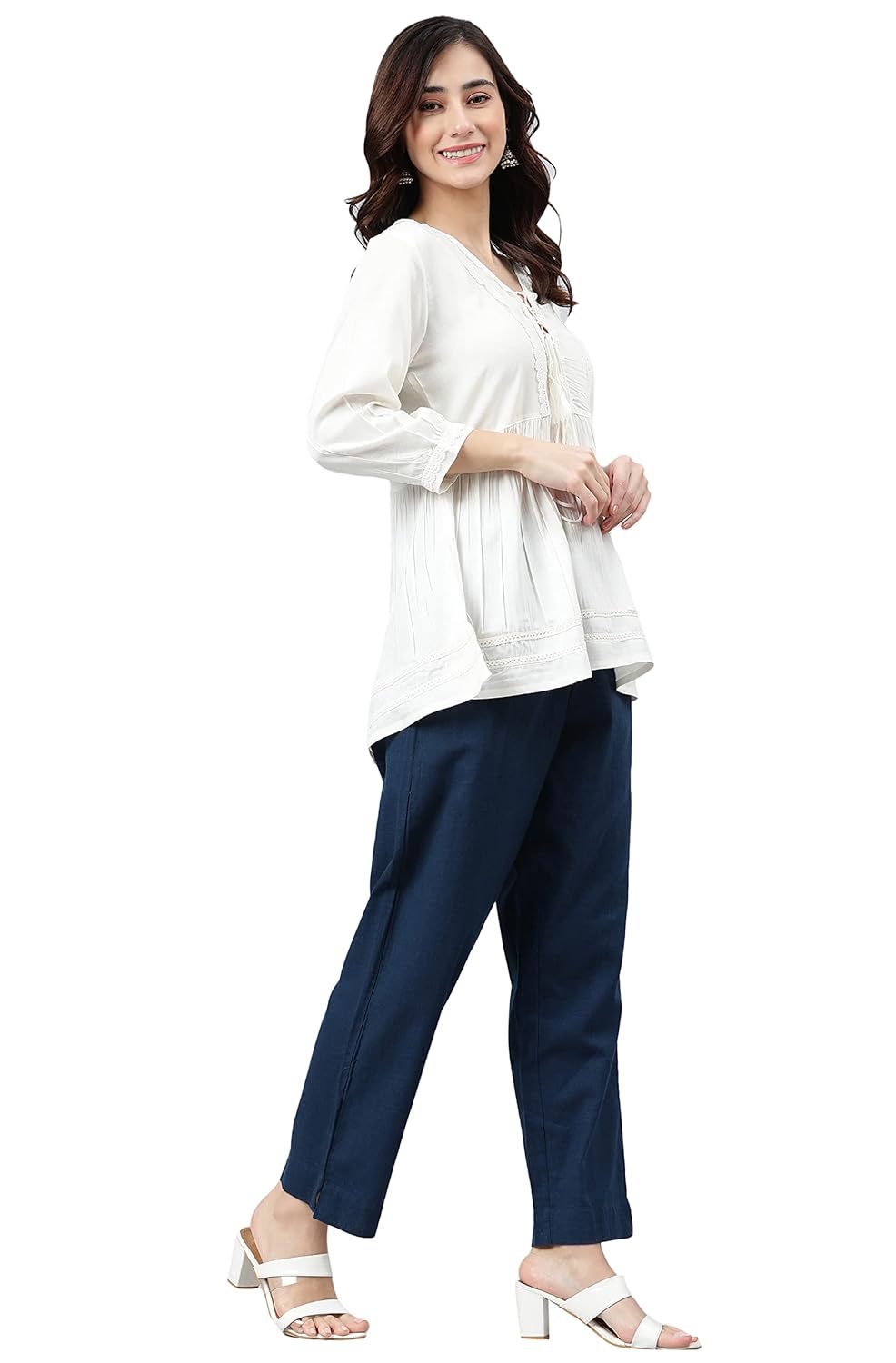 Janasya Women's White Rayon Solid Flared Top