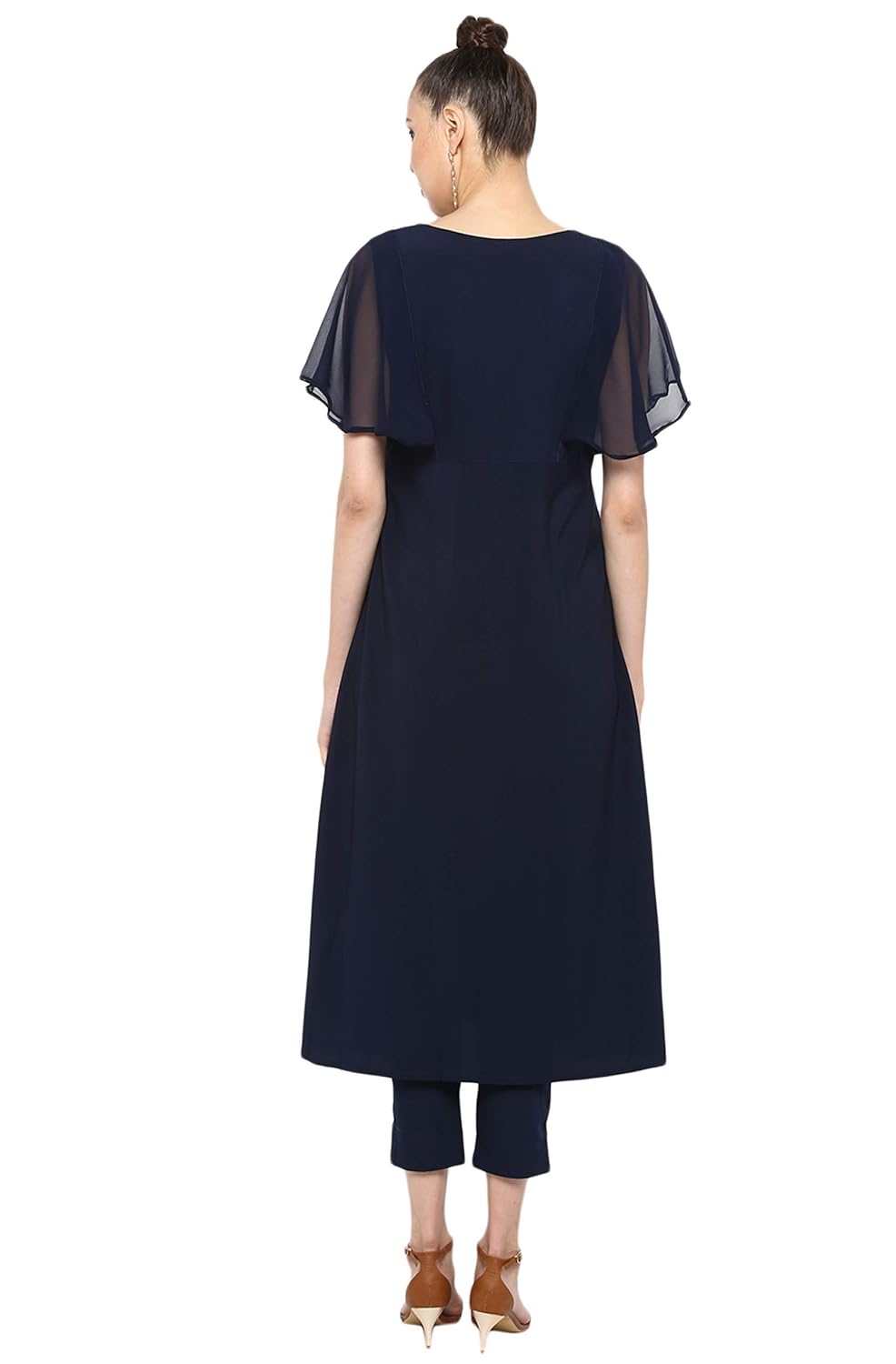 Janasya Women's Crepe A-line Kurta with Pant Black