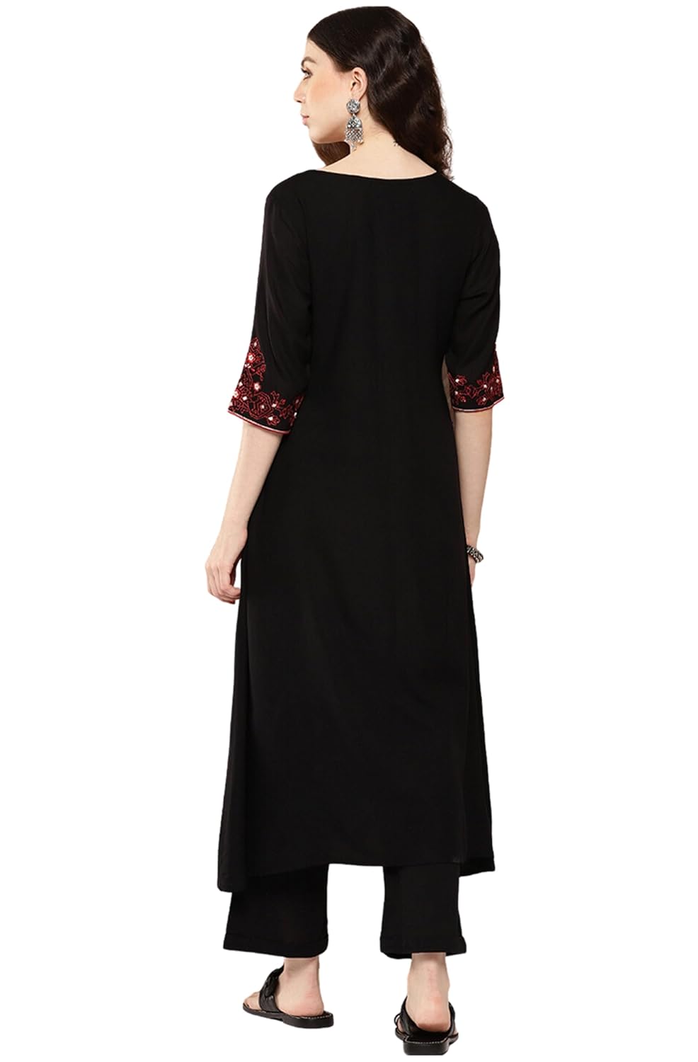 Janasya Women's Black Rayon Yoke Embroidered A-Line Kurta