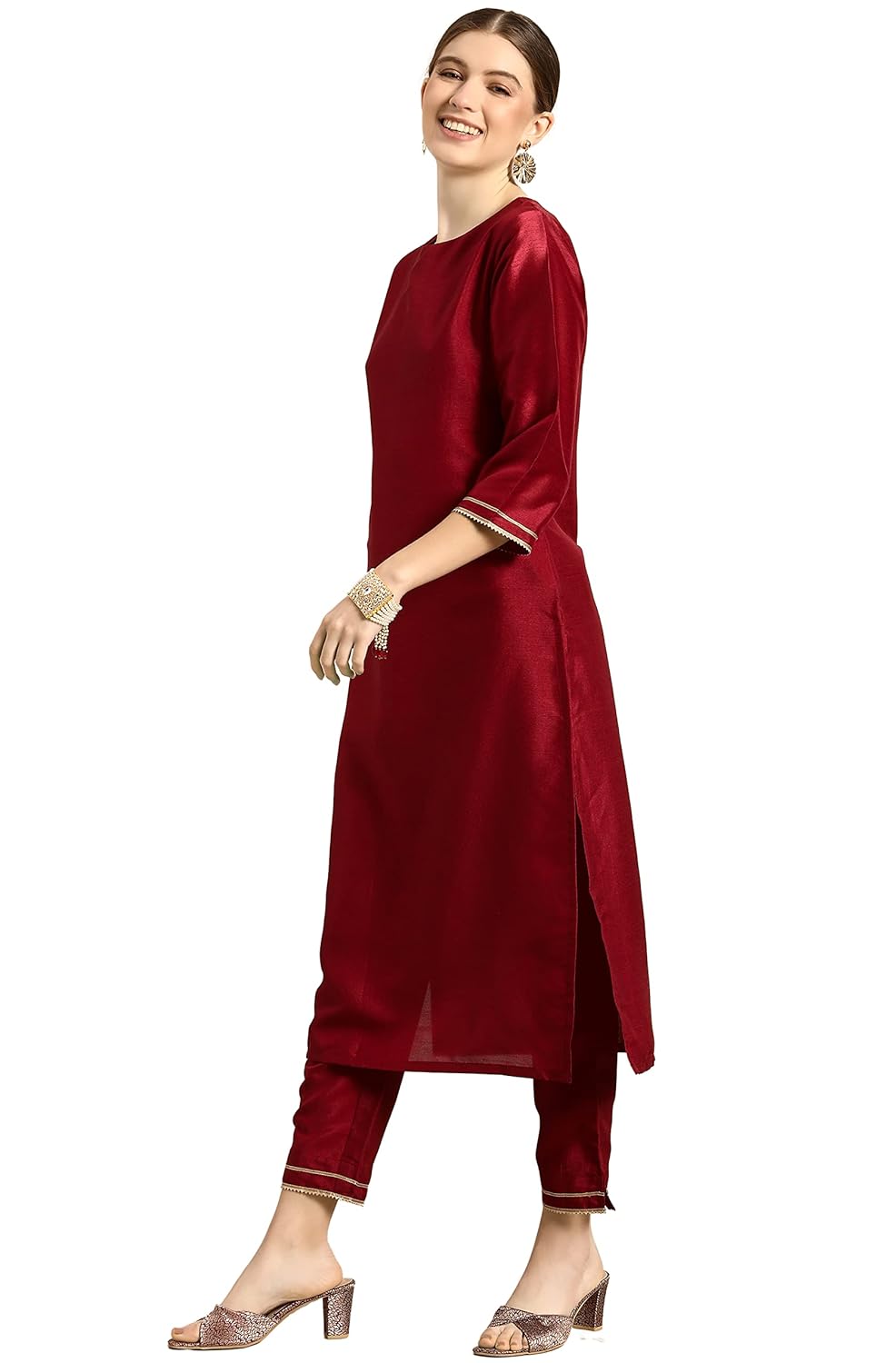 Janasya Women's Maroon Poly Silk Kurta With Pant And Dupatta