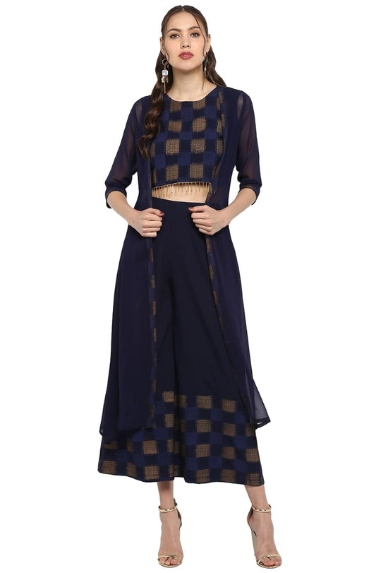 Janasya Women's Poly Crepe Crop Top with Palazzo and Dupatta
