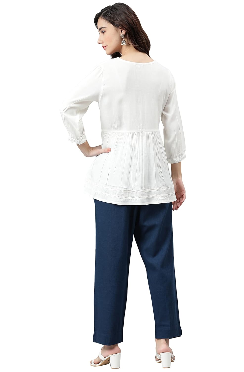 Janasya Women's White Rayon Solid Flared Top