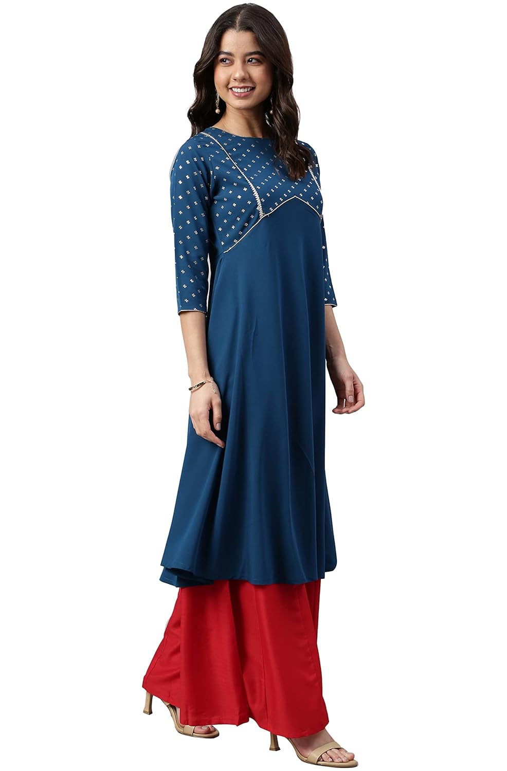 Janasya Women's Teal Poly Crepe Printed A-line Kurta