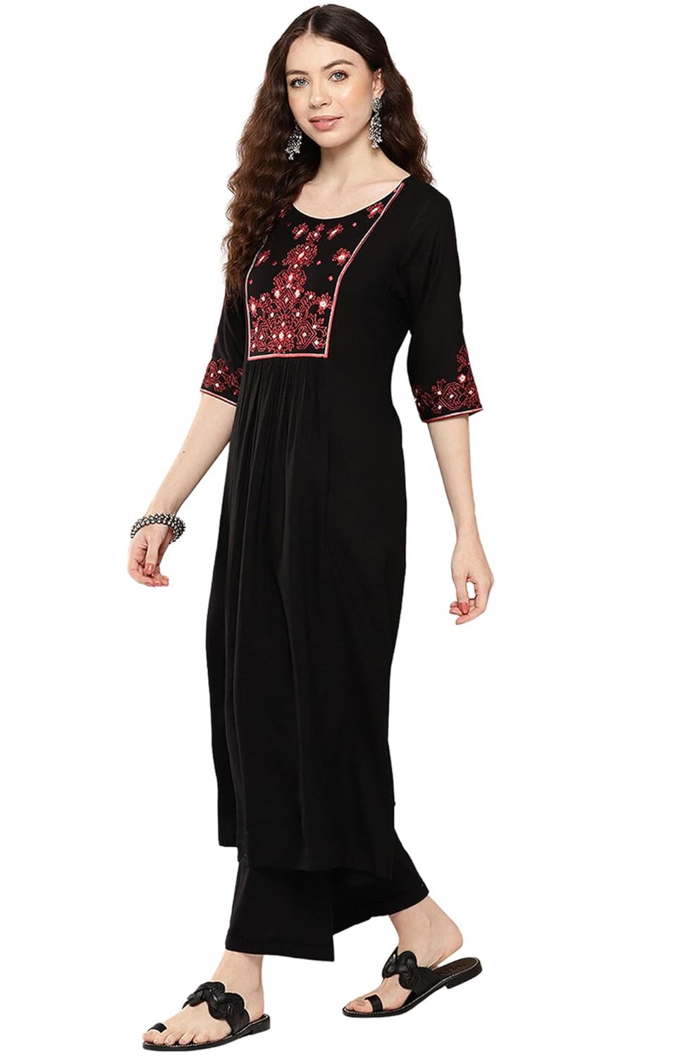 Janasya Women's Black Rayon Yoke Embroidered A-Line Kurta