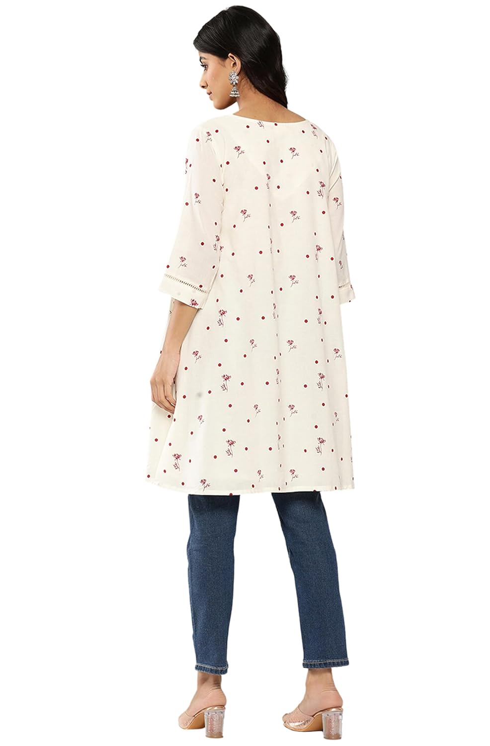 Janasya Women's Off White Cambric Cotton Botanical Print Flared Tunic