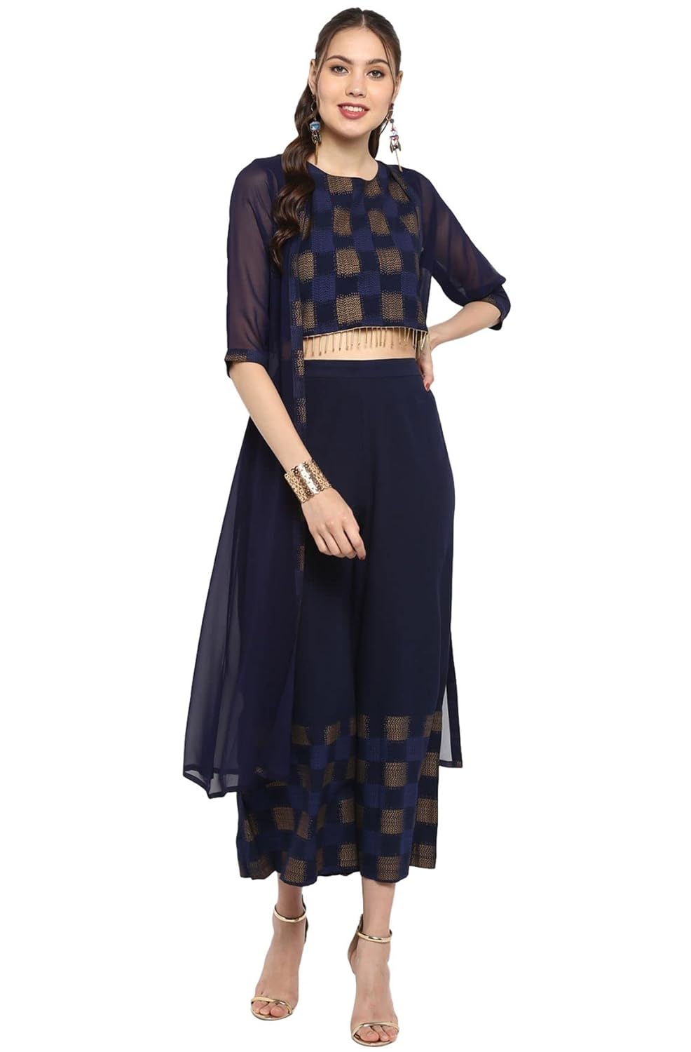 Janasya Women's Poly Crepe Crop Top with Palazzo and Dupatta