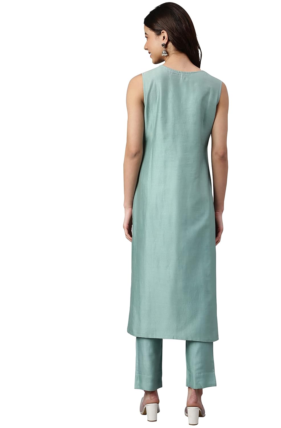 Janasya Women's Sea Green Chanderi Silk Yoke Embroidered Kurta with Pant