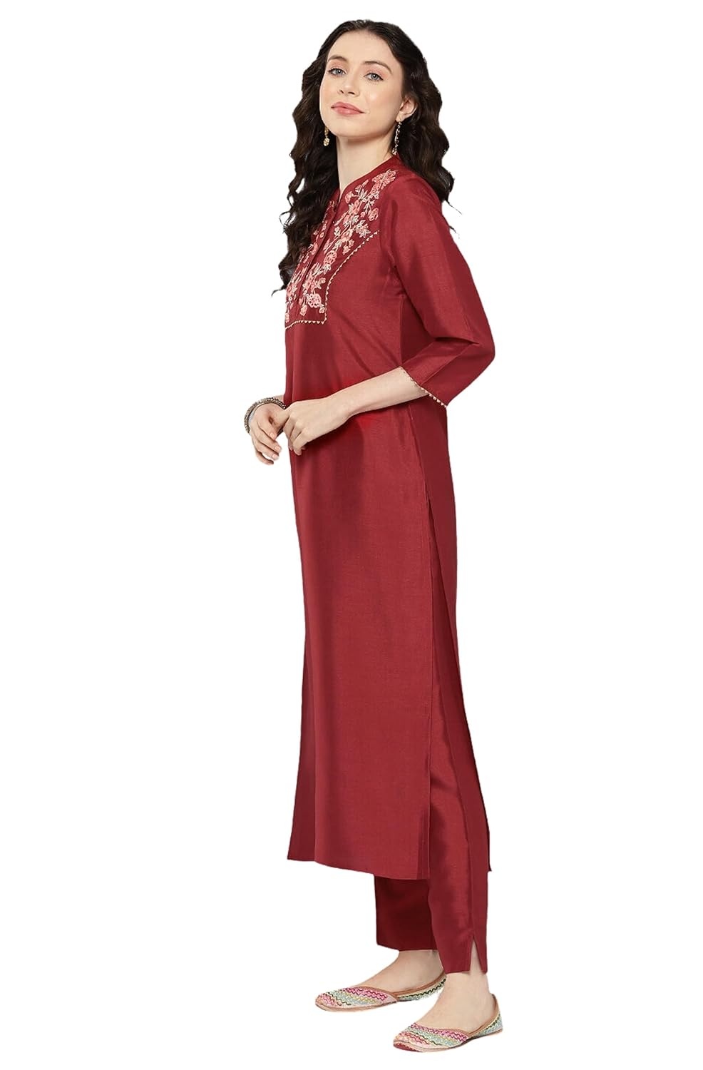 Janasya Women's Maroon Crepe Silk Yoke Embroidered Kurta with Pant and Dupatta