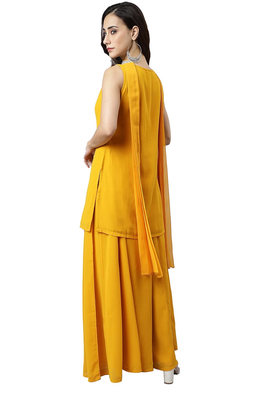 Janasya Women's Mustard Georgette Solid Kurta with Kali Palazzo and Dupatta