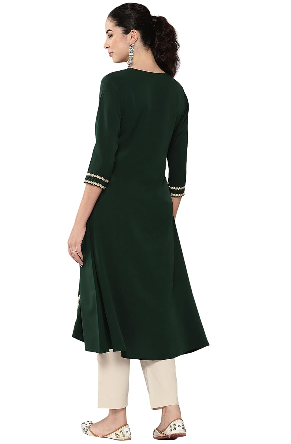 Janasya Women's Bottle Green Crepe Foil Printed A-Line Kurta