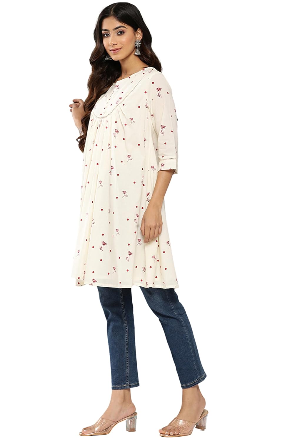 Janasya Women's Off White Cambric Cotton Botanical Print Flared Tunic