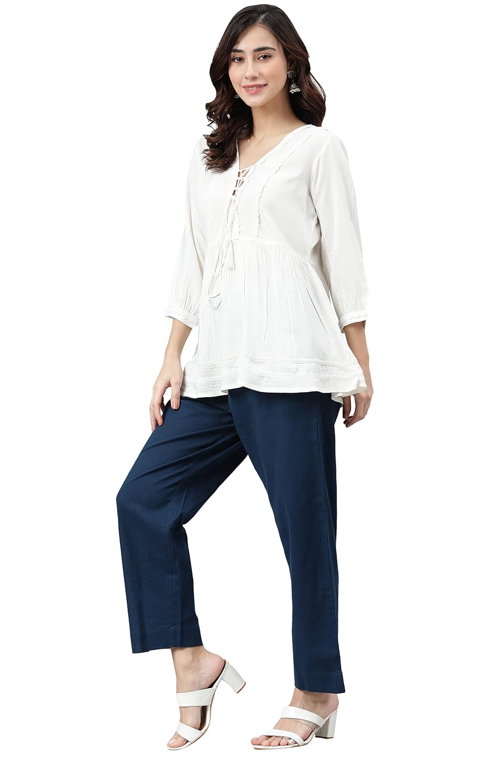 Janasya Women's White Rayon Solid Flared Top