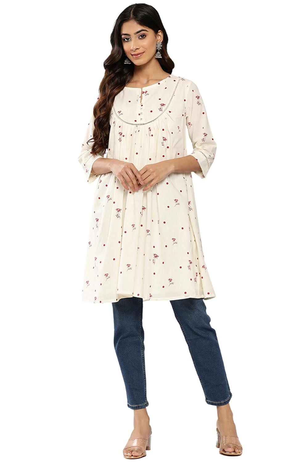 Janasya Women's Off White Cambric Cotton Botanical Print Flared Tunic