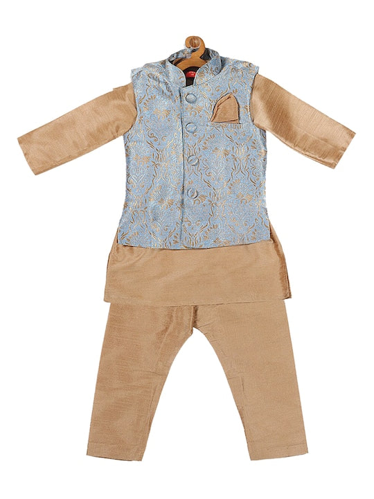 Vastramay Sishu Boys Rose Gold Kurta Set With Nehru Jacket
