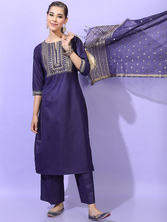Vishudh Women Purple Embroidered Kurti with Trousers