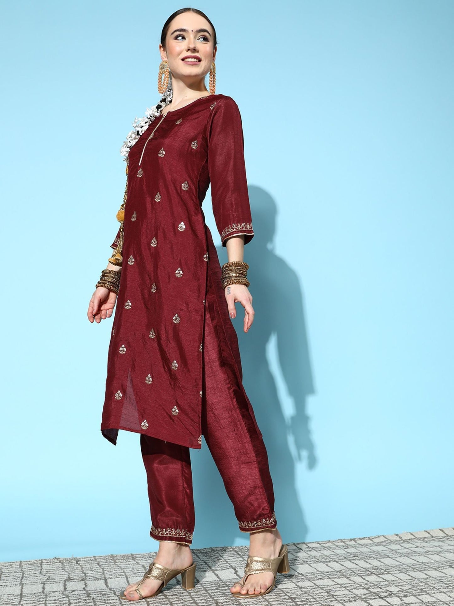 ISHIN Womens Maroon Embroidered A-Line Kurta with Trouser & Dupatta (Set of 3)