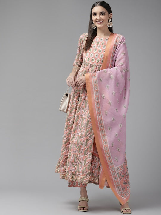 Yufta Women Peach-Coloured Ethnic Motifs Aari Work Pure Cotton Kurta & Trousers & Dupatta