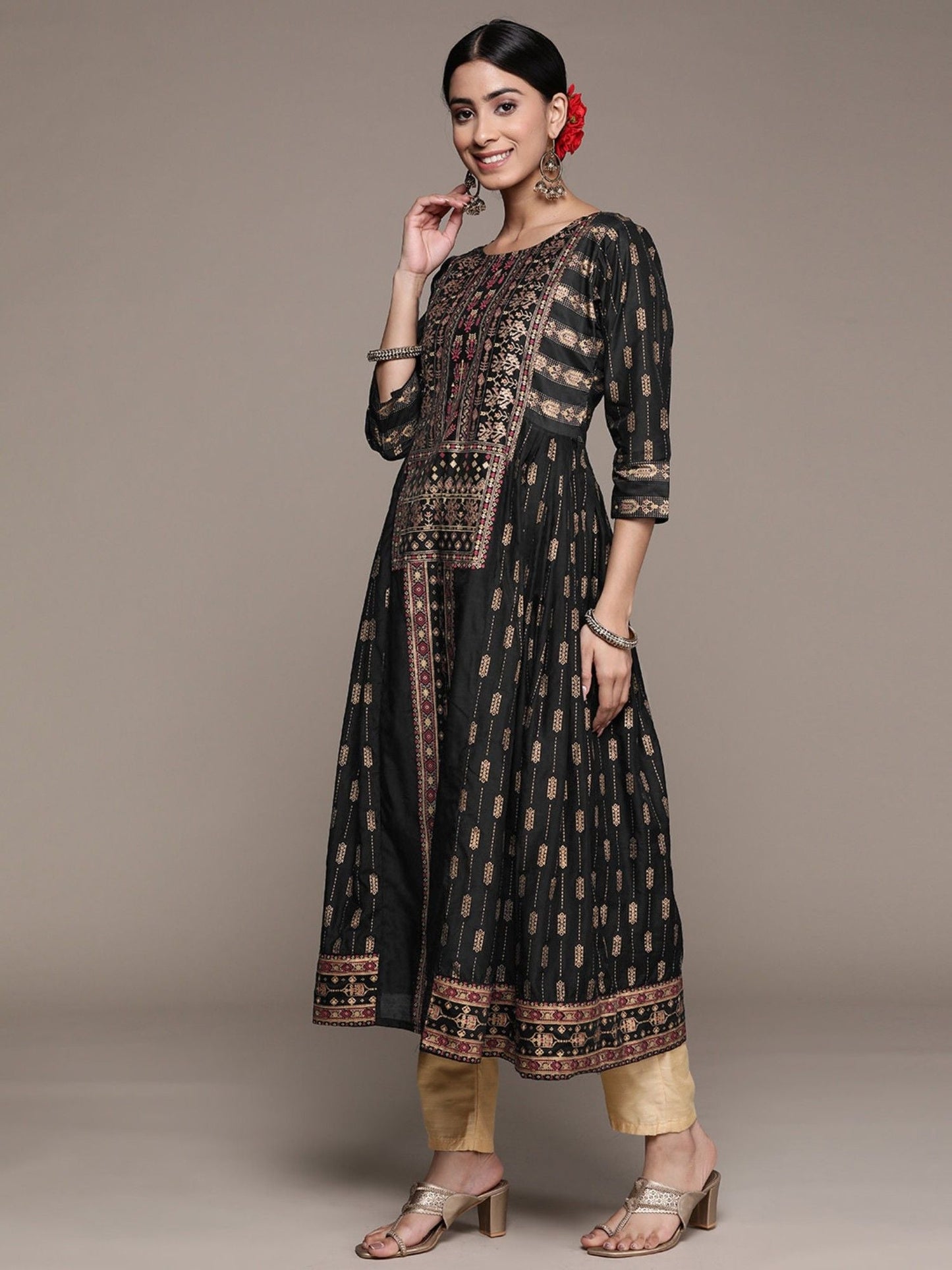 ISHIN Womens Silk Blend Black Embellished Anarkali Kurta