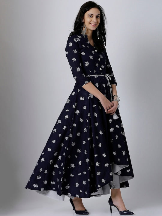Vishudh Women Navy Blue & Silver-Toned Printed Anarkali Kurta