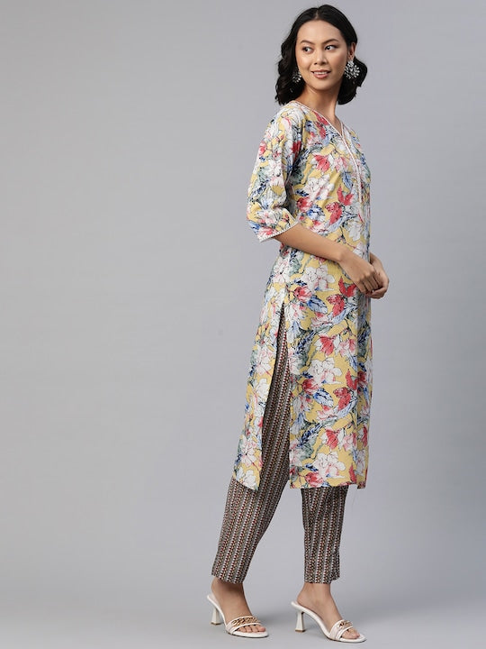 Readiprint Fashions Women Floral Printed Sequinned Cotton Kurta with Palazzos & Dupatta