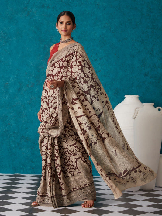 Likha Maroon Cotton Silk Kalamkari Printed Saree with Unstitched Blouse LIKSAR08 (One Size)