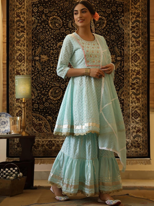 Scakhi Floral Chikankari Embroidered Pure Cotton Kurti With Sharara & Dupatta