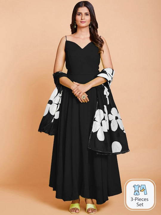 Fusionic Floral Printed Georgette Fit & Flare Dress With Dupatta