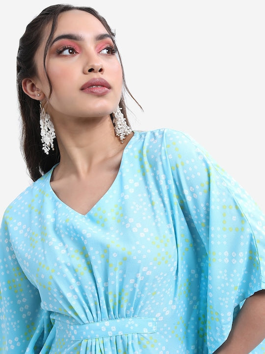Vishudh Blue Bandhani Printed Flared Sleeves Kaftan With Trousers