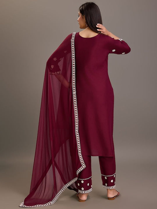 House of Pataudi Floral Embroidered Round Neck Kurta With Trousers & Dupatta