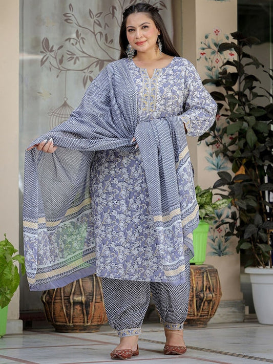 Yufta Plus Size Floral Printed Pure Cotton Straight Kurta & Harem Pants With Dupatta