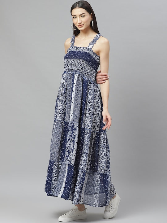 Myshka Navy Blue and White Geometric Printed Maxi Tiered Dress