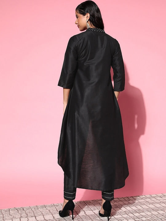 Shae by Sassafras Mandarin Collar Embellished Mirror Work Asymmetric A-Line Kurta