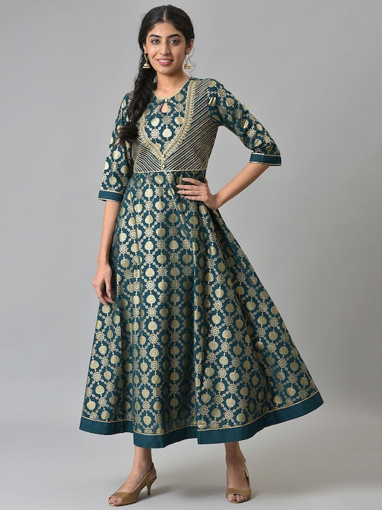 Aurelia Green Ethnic Motifs Cotton Maxi Dress