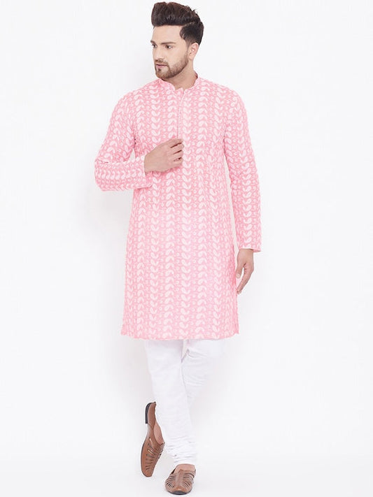 Vastramay Men Pink & White Ethnic Motifs Embroidered Chikankari Cotton Kurta