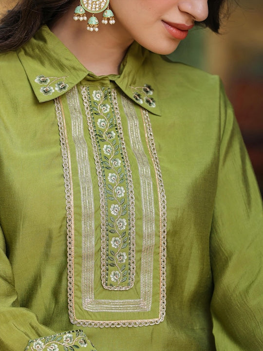 SCAKHI Floral Embroidered Shirt Collar Pathani Kurta With Patiala