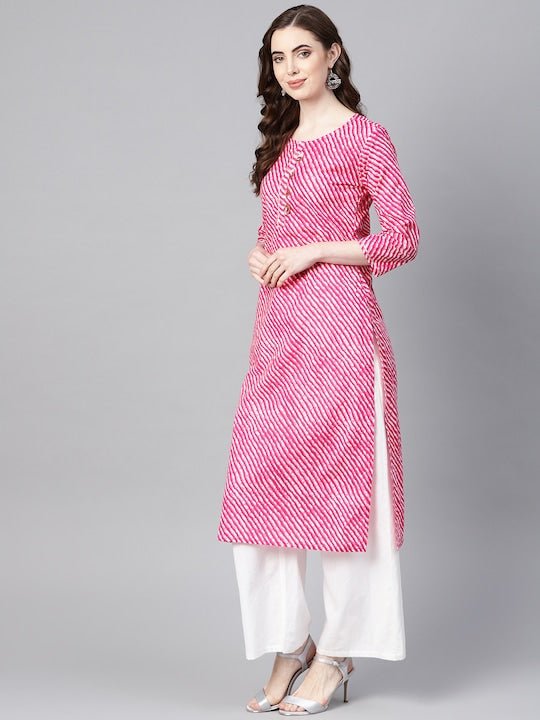 Yufta Women Pink & White Leheriya Print Straight Kurta Pink