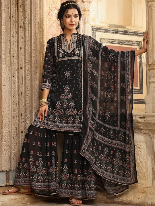 Scakhi Women Black Floral Printed Panelled Thread Work Kurta with Sharara & With Dupatta