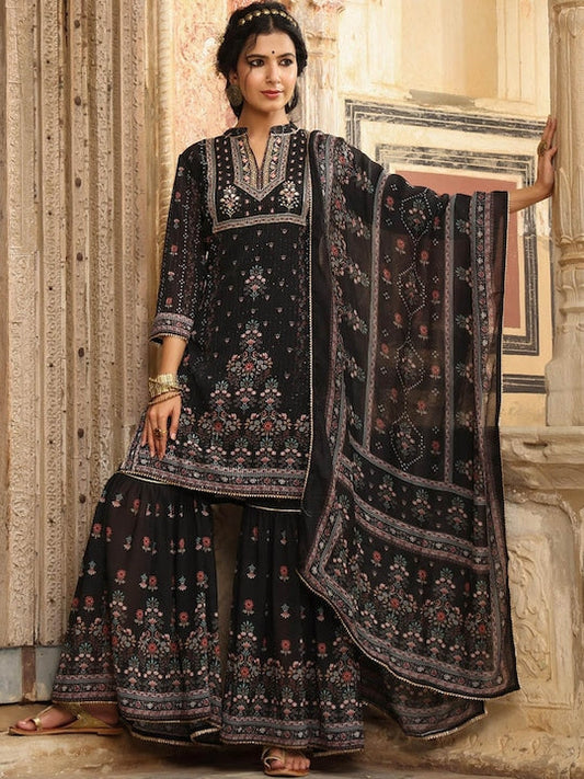 Scakhi Women Black Floral Printed Panelled Thread Work Kurta with Sharara & With Dupatta