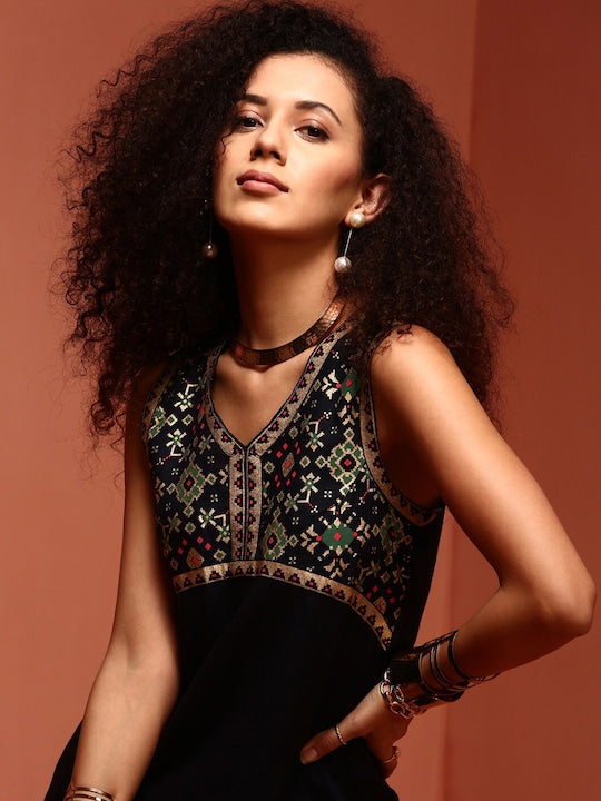 IMARA Ethnic Motifs Yoke Design Asymmetric A-Line Kurta With Trousers