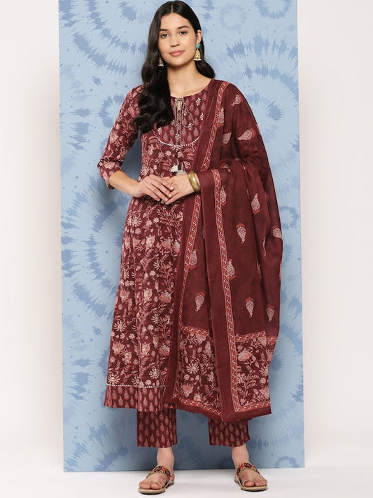 Yufta Floral Printed Regular Aari Work Pure Cotton Kurta with Trousers & Dupatta