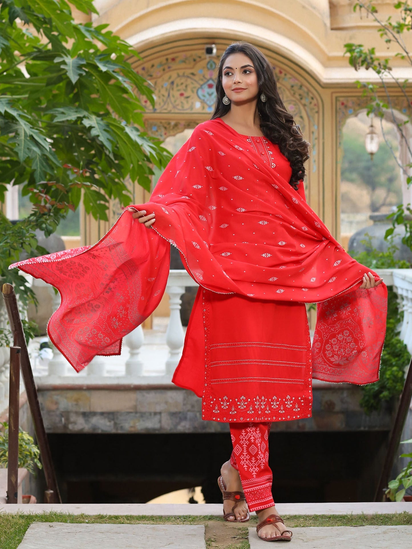 PIROH Womens Rayon Kurta Pant And Cotton Voile Dupatta Straight (set of 3)