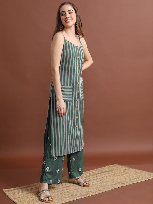 Vishudh Olive Green Striped Shoulder Straps Straight Kurta with Palazzos