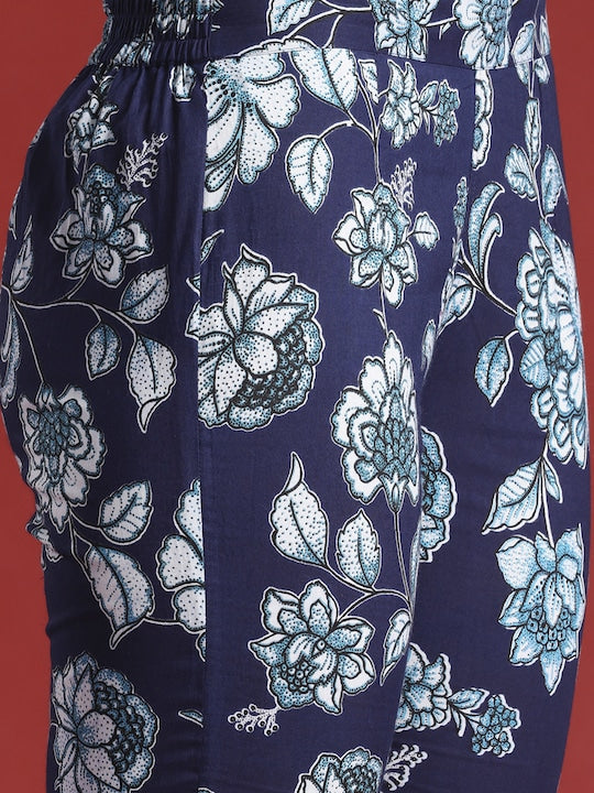 All about you Floral Print Pleated Pure Cotton Kurta with Trousers